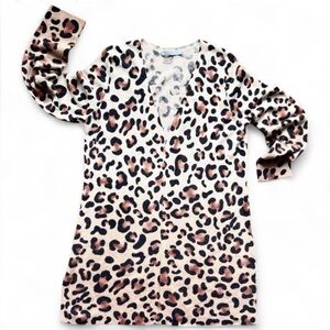 Incashmere 100% Cashmere Cardigan Sweater Cheetah Print‎ Sz L Mob Wife Old Money